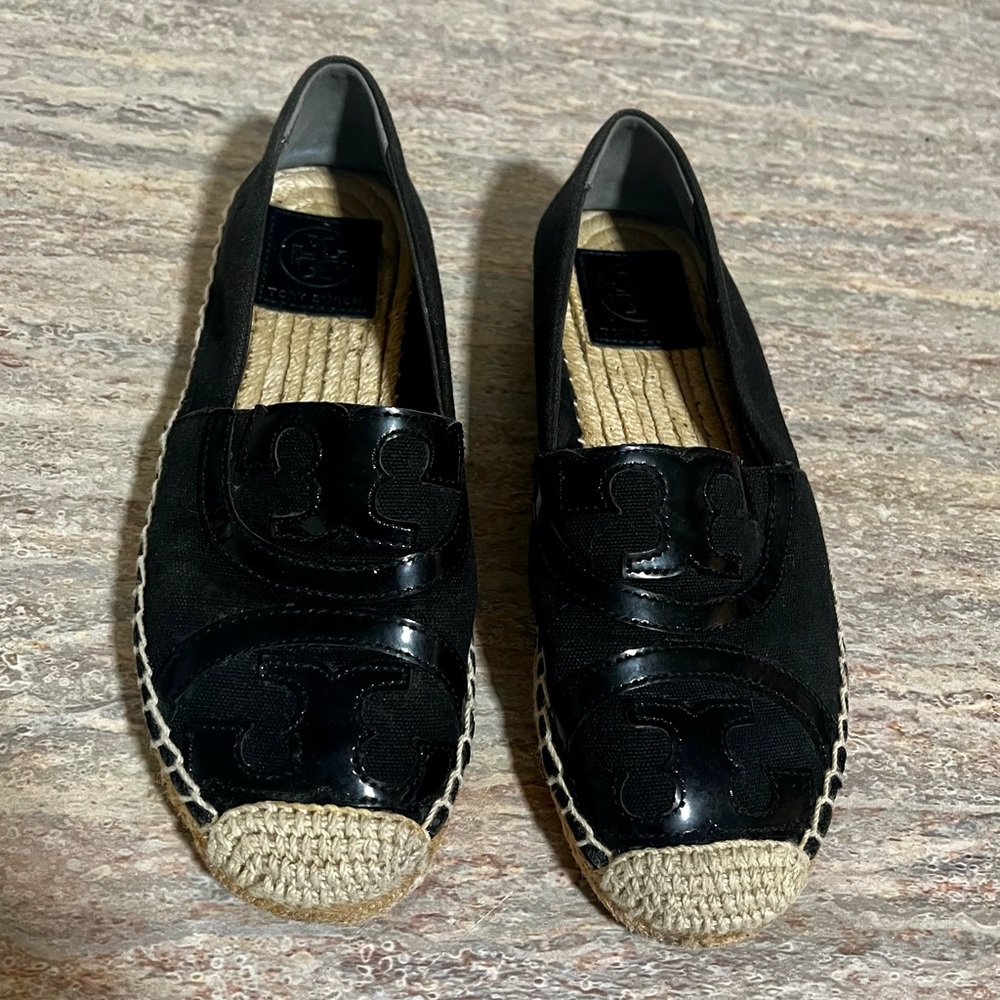 Tory Burch Black Textile and Leather Espadrille Flat Shoes
